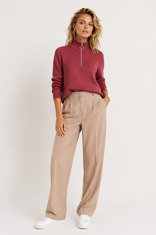 Suéter Tricot Zíper Gola Alta